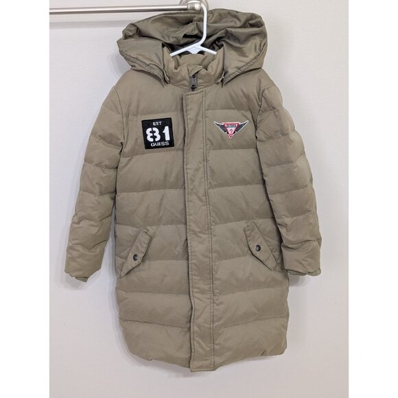 Guess Mid-Length Puffer Jacket Down Hooded Boys Sz 8 Patches Spellout - Picture 1 of 16